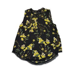 Plus Size Floral Spring Black Semi-Sheer Blouse with Frayed Hem - Size XXL